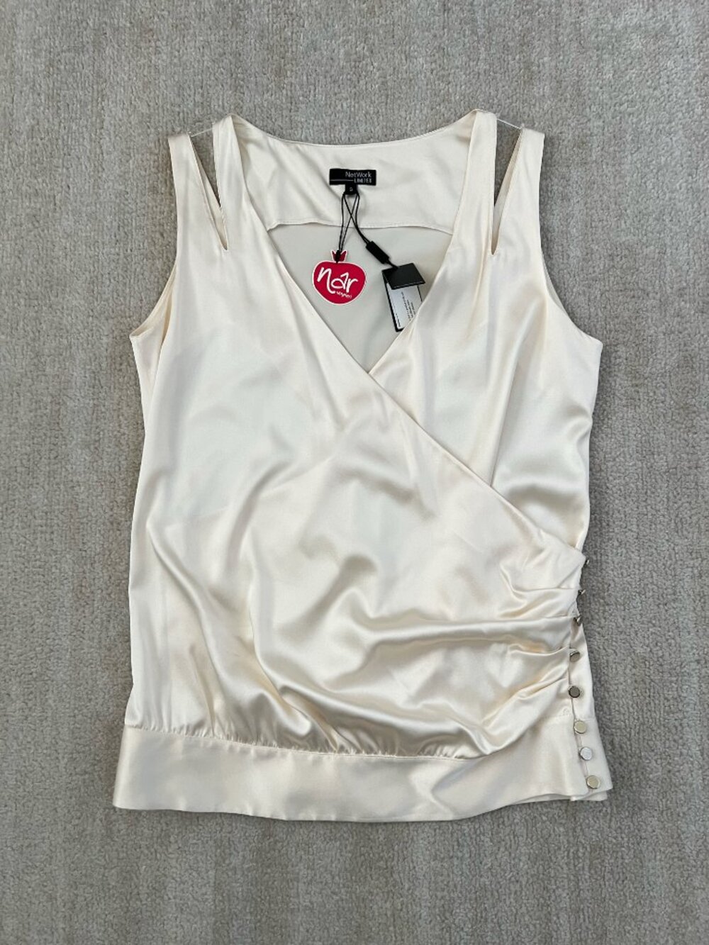 NWT NetWork Limited Silk Satin Surplice Cream Wrap Tank Top S V Neck Work